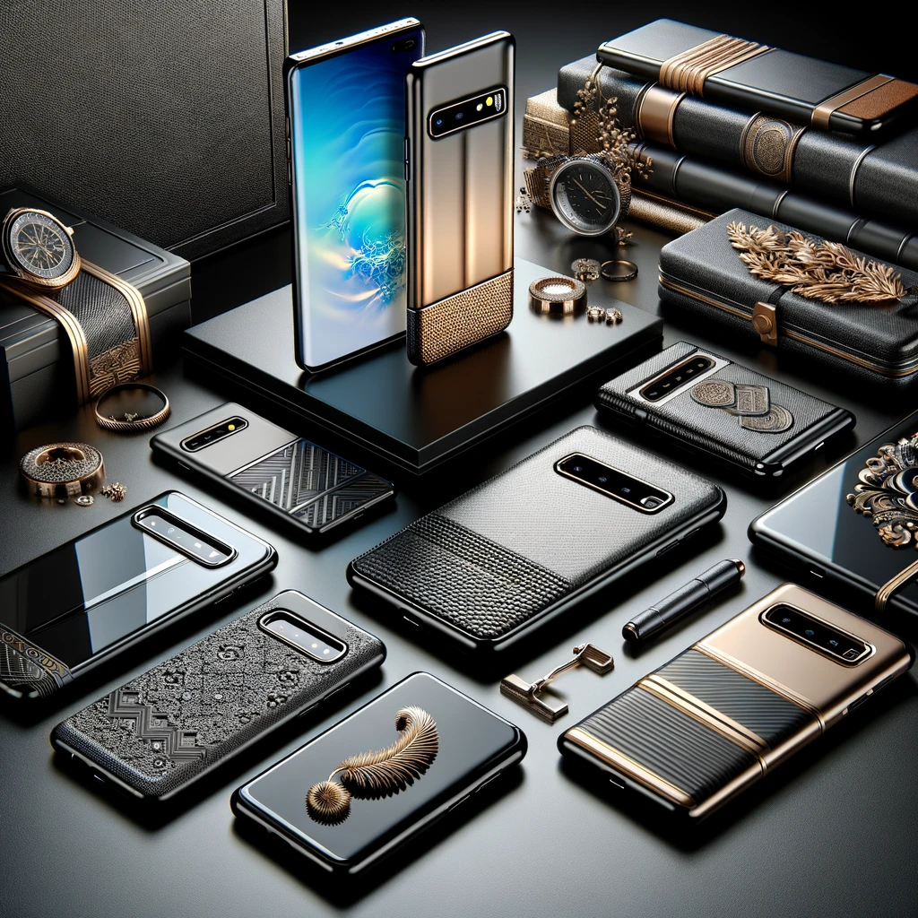 dall·e_2024-01-24_14.09.05_-_a_modern_and_visually_appealing_square_image_showcasing_a_range_of_sophisticated_phone_cases_for_the_samsung_galaxy_s10_plus._the_image_should_feature.png