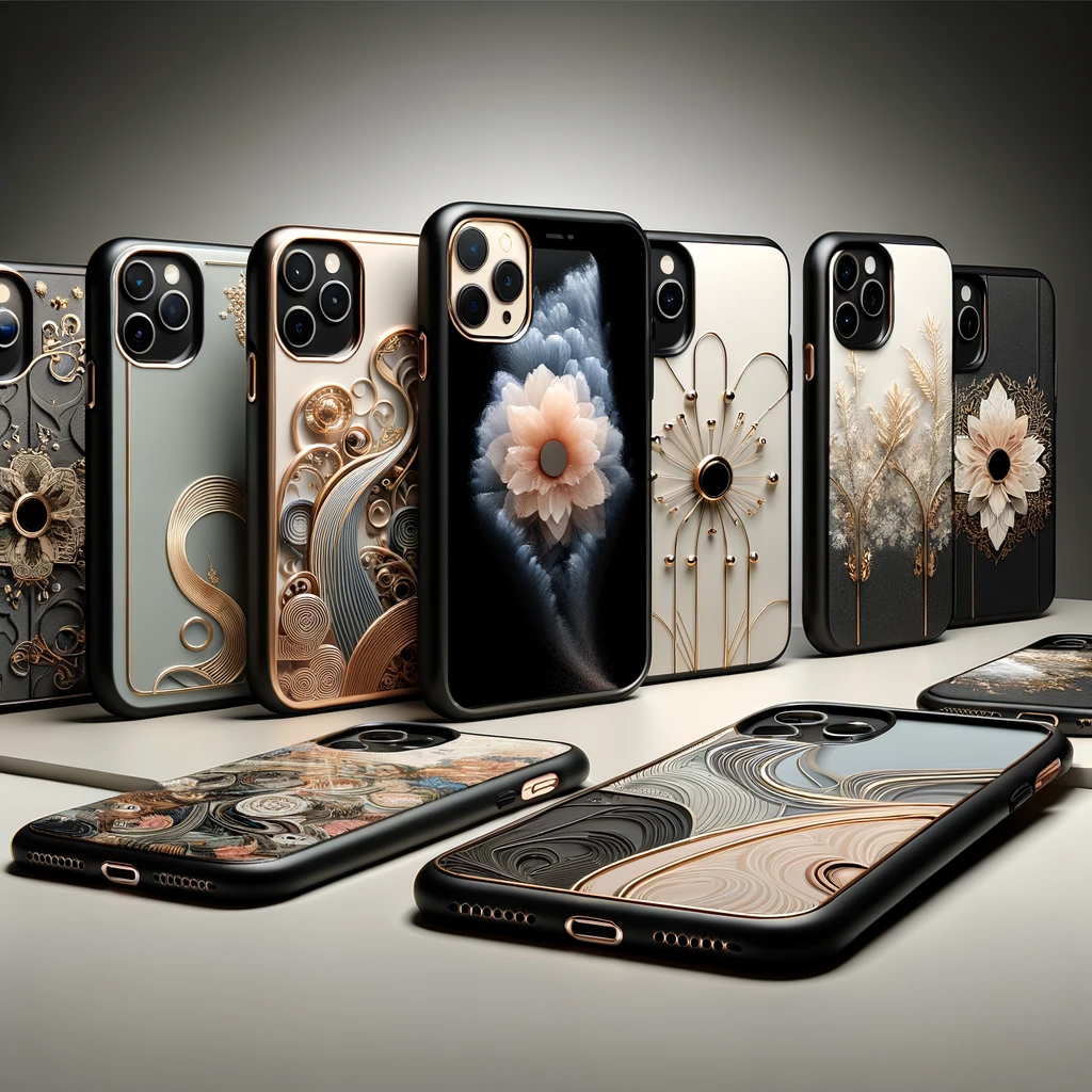 dall·e_2024-01-24_16.15.26_-_a_stylish_and_modern_square_image_for_a_blog,_featuring_a_selection_of_elegant_phone_cases_designed_for_the_iphone_11_pro._the_image_should_display_a.png
