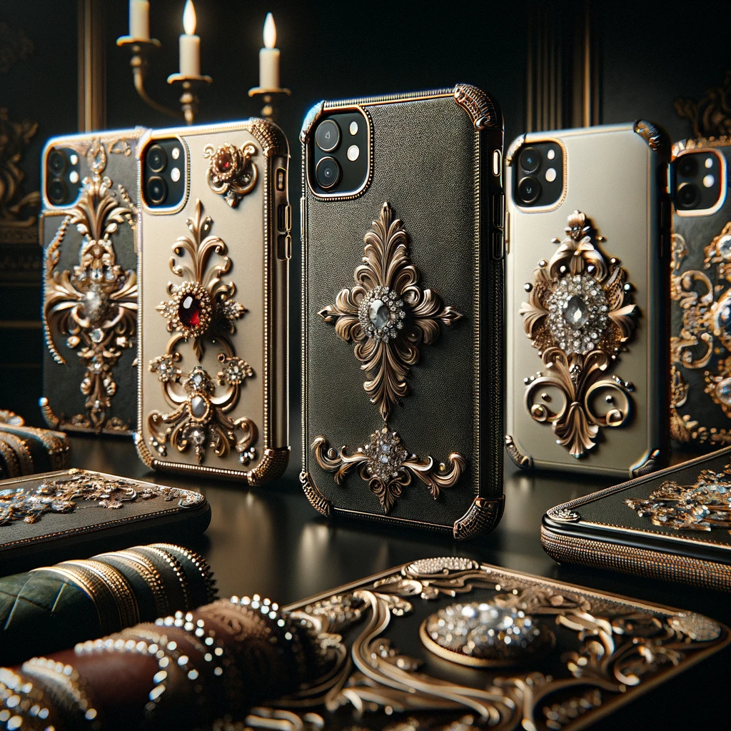 dall·e_2024-01-25_09.19.52_-_an_exquisite_and_sophisticated_blog_image_showcasing_a_collection_of_luxury_phone_cases_for_the_iphone_11._the_image_should_feature_cases_made_from_hi.png