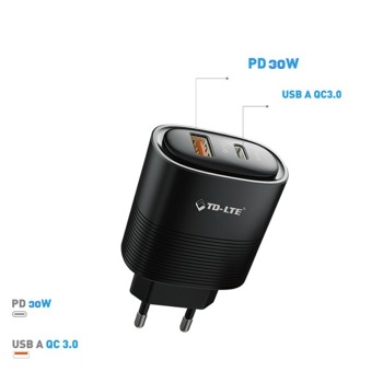 Луксозен бързозареждащ адаптер TD-PA137 30W - Черен, с два USB и USB-C порта.
