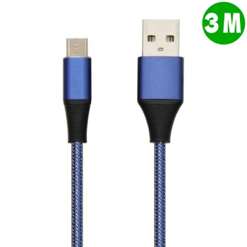 Метален заряден кабел USB Micro - Син, 3 метра