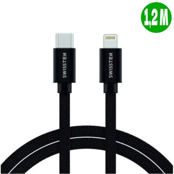 Swissten зареждащ кабел от USB-C към Lightning за iPhone - Черен, 1,2 м