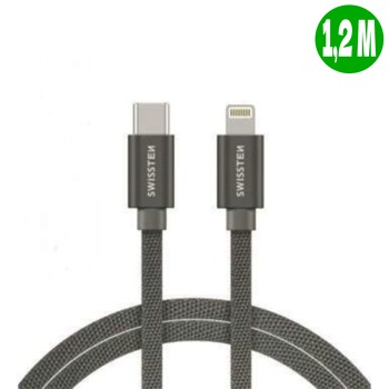 Swissten зареждащ кабел от USB-C към Lightning за iPhone - Сив, 1,2 м