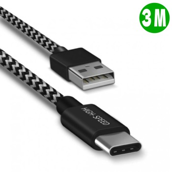 Бързозареждащ кабел, текстилен, USB-C - Черен, 3м