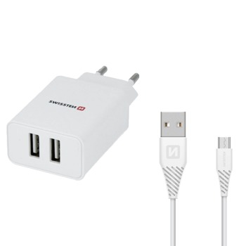 Swissten зарядно устройство 2.1A с кабел Micro USB 1м - Бяло