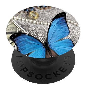 Черен PopSocket с мотив - Синя пеперуда със скъпоценни камъни