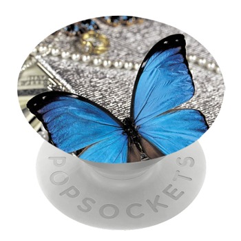 Бял PopSocket с мотив - Синя пеперуда със скъпоценни камъни