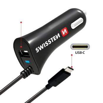 Swissten зарядно за кола 2,4A 1xUSB с вграден USB-C кабел - Черно
