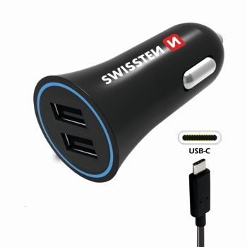 Swissten зарядно за кола 2,4A 2x с два USB порта и кабел за зарeждане на USB-C