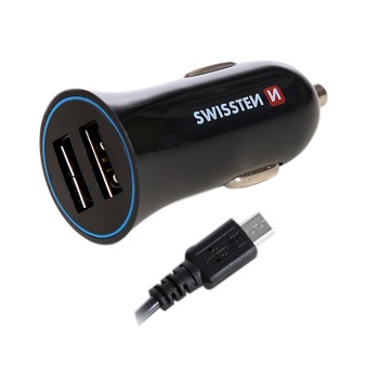 Swissten зарядно за кола 2,4A 2x USB + USB MICRO кабел за зареждане 1,5м - Черно