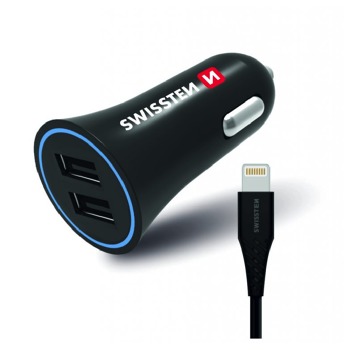 Swissten зарядно за кола 2,4A 2x USB + кабел за зареждане на Apple Lightning 1,2м - Черно