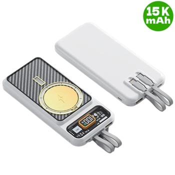 Магнитна безжична захранваща батерия с USB-C / Lightning кабел - 15000 mAh, Бяла
