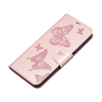 Книжков калъф за iPhone 14 - Пеперуди, Розово златен
