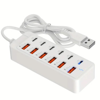 Компактен 10-портов USB разклонител за зареждане с бързо зареждане и Power Delivery (PD) - Бял