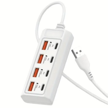 Компактен 8-портов USB разклонител за зареждане с бързо зареждане и Power Delivery (PD) - Бял